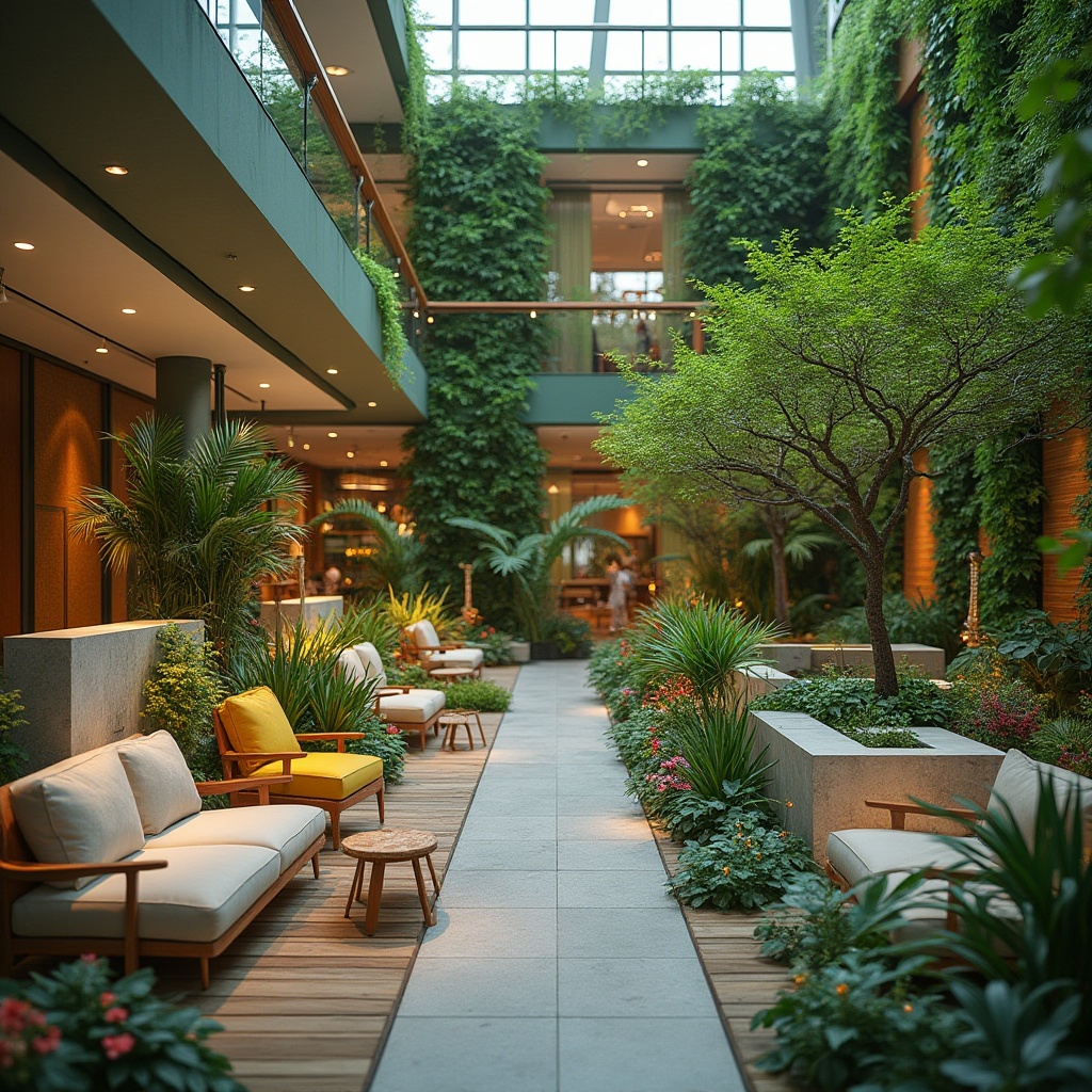 Prompt: Vibrant student lounge, lush green walls, modern outdoor furniture, cozy seating areas, wooden decks, stone pathways, eclectic planters, colorful flower beds, natural stone water features, abstract sculptures, minimalist lighting, warm ambient glow, shallow depth of field, 1/2 composition, relaxed atmosphere, soft focus, blurred background.