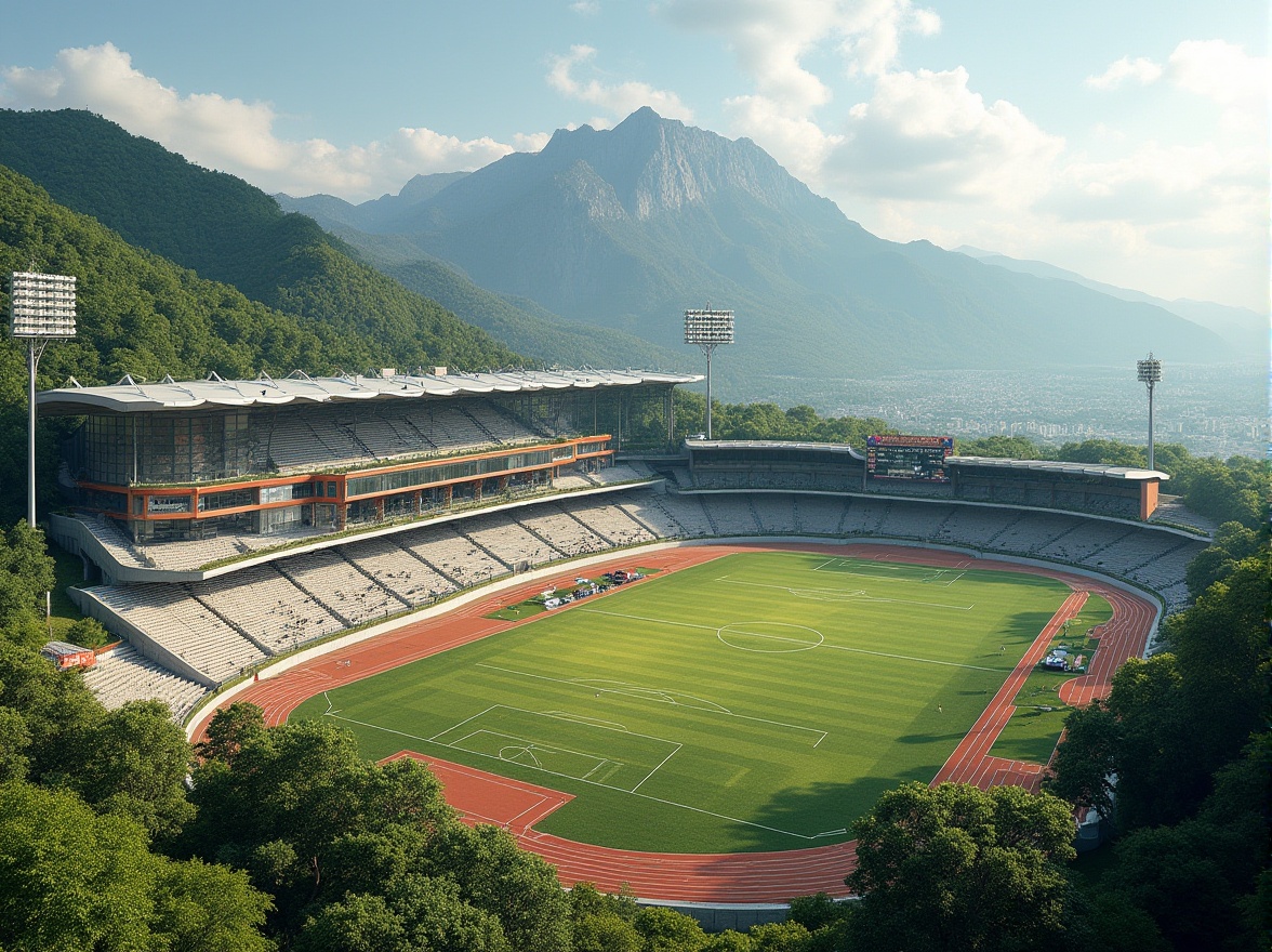 Prompt: Mountainous backdrop, lush greenery, natural stone walls, integrated stadium architecture, curved lines, cantilevered roofs, large windows, transparent glass facades, vibrant sports equipment, athletic tracks, football fields, soccer pitches, baseball diamonds, spectator seating areas, shaded concourses, misting systems, warm sunny day, soft warm lighting, shallow depth of field, 3/4 composition, panoramic view, realistic textures, ambient occlusion.