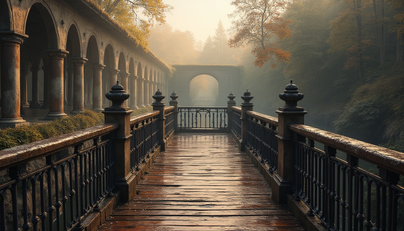 Prompt: Rustic stone bridges, ornate metal railings, classic arches, grandiose pillars, symmetrical compositions, Roman-inspired columns, weathered copper accents, worn wooden planks, ancient stonework, natural riverbeds, serene forest surroundings, misty morning light, warm golden hour, shallow depth of field, 1/2 composition, atmospheric perspective, realistic textures, subtle ambient occlusion.