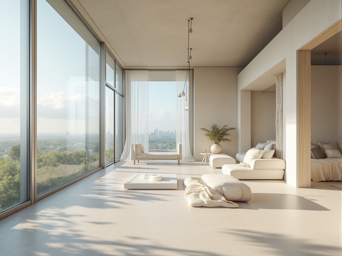 Prompt: Calm atmosphere, soft light blue hues, creamy whites, warm beige tones, sleek modern architecture, minimalist design, large windows, sliding glass doors, open floor plans, airy interiors, natural textures, reclaimed wood accents, industrial chic elements, urban cityscape, cloudy sky, gentle sunlight, subtle shadows, 1/2 composition, atmospheric perspective, soft focus, realistic materials.