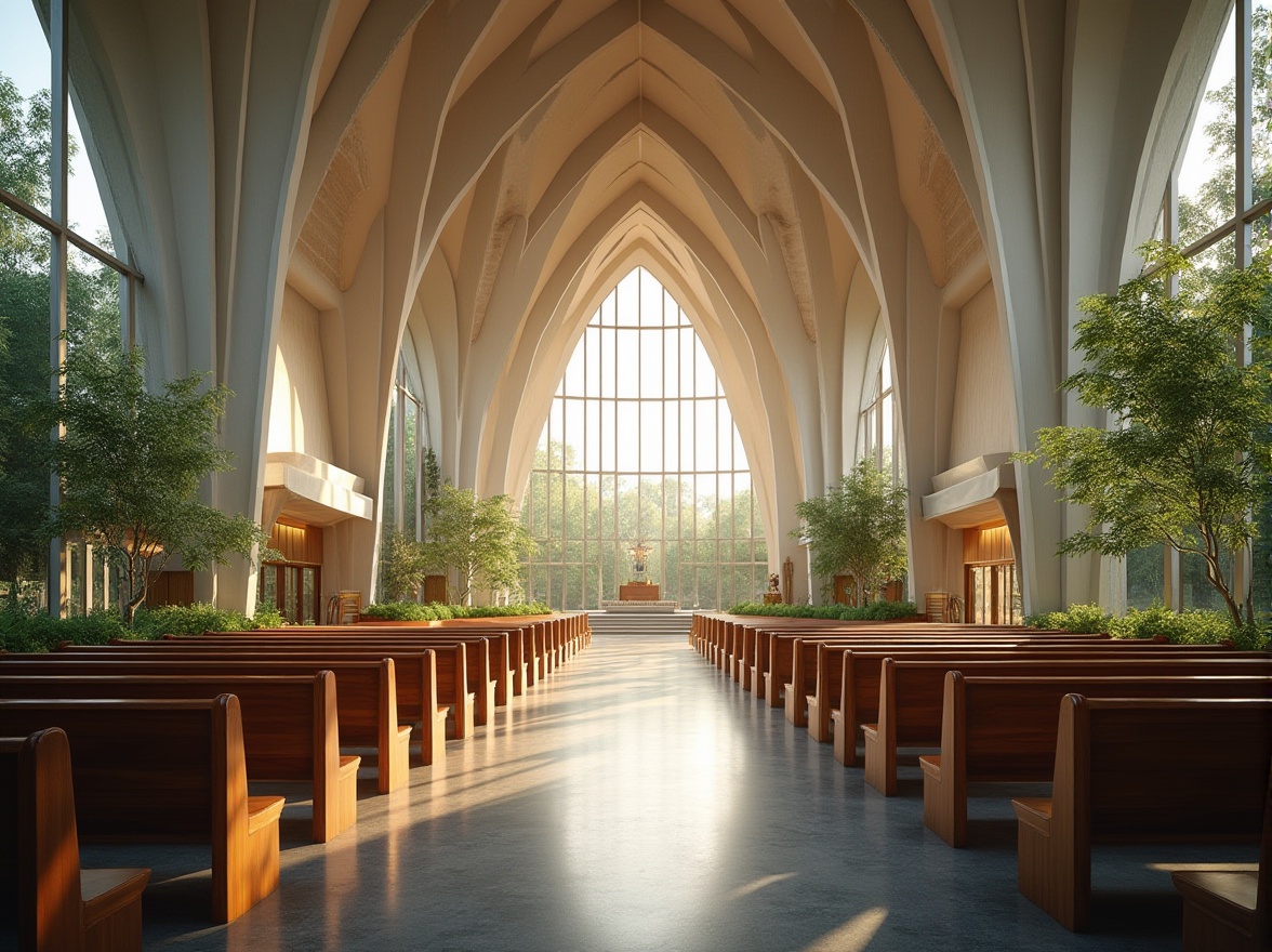 Prompt: Contemporary church architecture, curved lines, minimalist fa\u00e7ade, large stained glass windows, natural light pouring in, vaulted ceilings, open floor plans, sleek wooden pews, modern stone walls, subtle color schemes, ambient lighting, dramatic shadows, 1/1 composition, symmetrical balance, serene atmosphere, lush greenery surroundings, walking paths, spiritual gardens, water features, peaceful courtyards, innovative materials usage, sustainable building practices, eco-friendly roofs, renewable energy systems, futuristic bell towers, sculptural baptismal fonts, abstract crucifix designs.