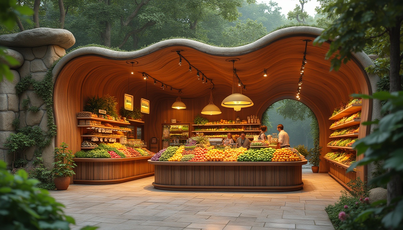 Prompt: Organic grocery store, undulating rooflines, flowing curves, natural stone fa\u00e7ade, wooden accents, earthy tones, vibrant produce displays, wavy shelves, rounded columns, playful signage, eclectic lighting fixtures, warm atmospheric ambiance, soft focus blur, shallow depth of field, 2/3 composition, inviting storefront, bustling interior, realistic textures, ambient occlusion.