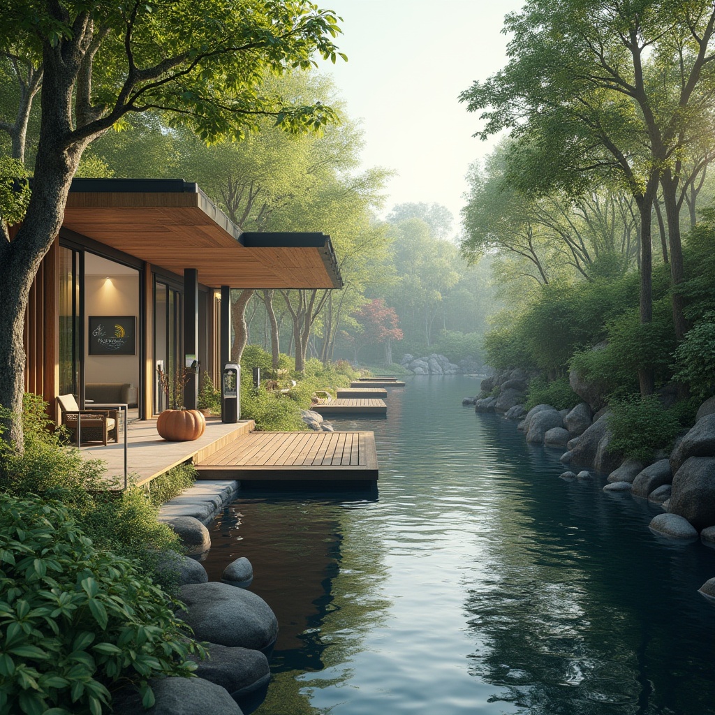 Prompt: Riverbank charging station, serene waterfront, lush greenery, native plants, natural stone walls, wooden docks, modern minimalist architecture, solar panels, energy-efficient systems, eco-friendly materials, shaded outdoor spaces, misting systems, tranquil ambiance, soft warm lighting, shallow depth of field, 3/4 composition, panoramic view, realistic textures, ambient occlusion.