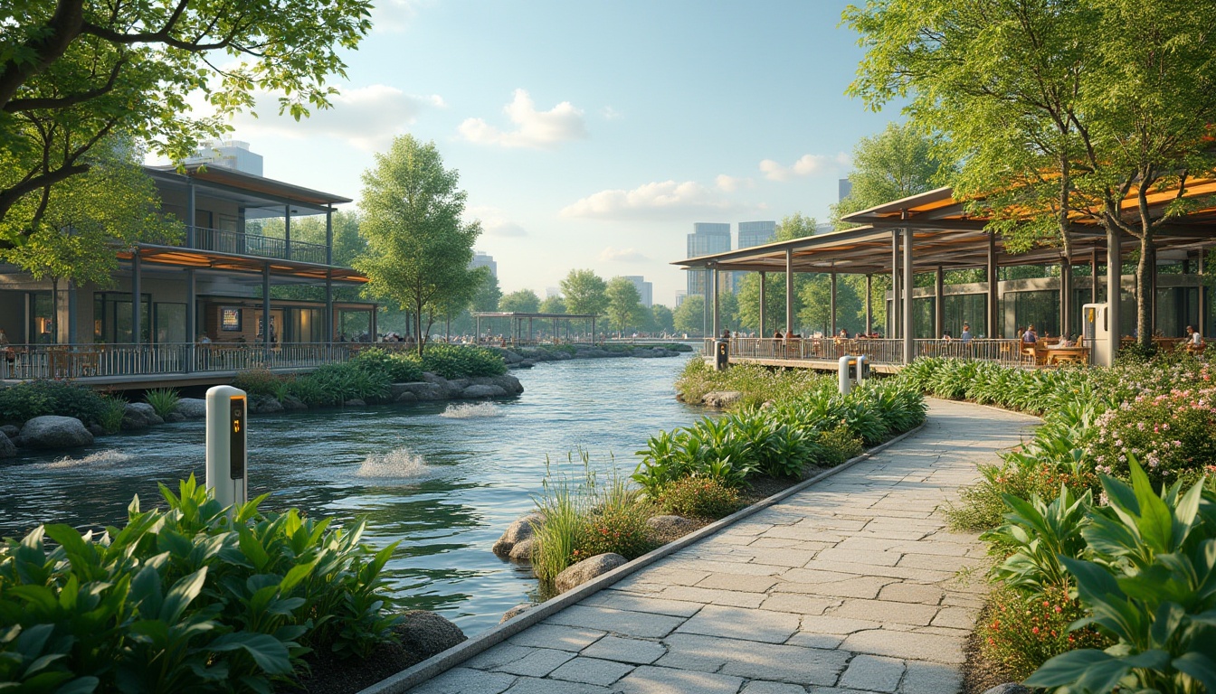 Prompt: Riverbank charging station, lush greenery, native aquatic plants, meandering walkways, wooden docks, steel bridges, modern minimalist architecture, solar panels, sleek metal canopies, natural stone seating areas, eco-friendly materials, vibrant color accents, dynamic lighting systems, shallow water features, scenic overlooks, serene atmosphere, warm sunny day, soft natural textures, 3/4 composition, panoramic views.