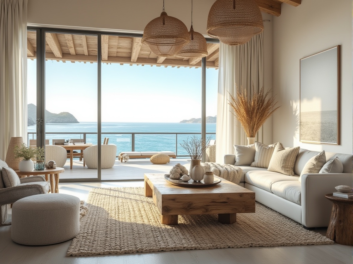 Prompt: Coastal home interior, calming ocean views, natural light-filled rooms, driftwood accents, woven sea grass textiles, soft blues and whites color palette, beachy vibe, comfortable sectional sofas, reclaimed wood coffee tables, nautical-themed decorative items, shell-adorned vases, ocean-inspired artwork, airy open-plan living spaces, modern rustic chandeliers, glass sliding doors, private balcony with outdoor seating, serene atmosphere, warm golden lighting, shallow depth of field, 2/3 composition, realistic textures, ambient occlusion.