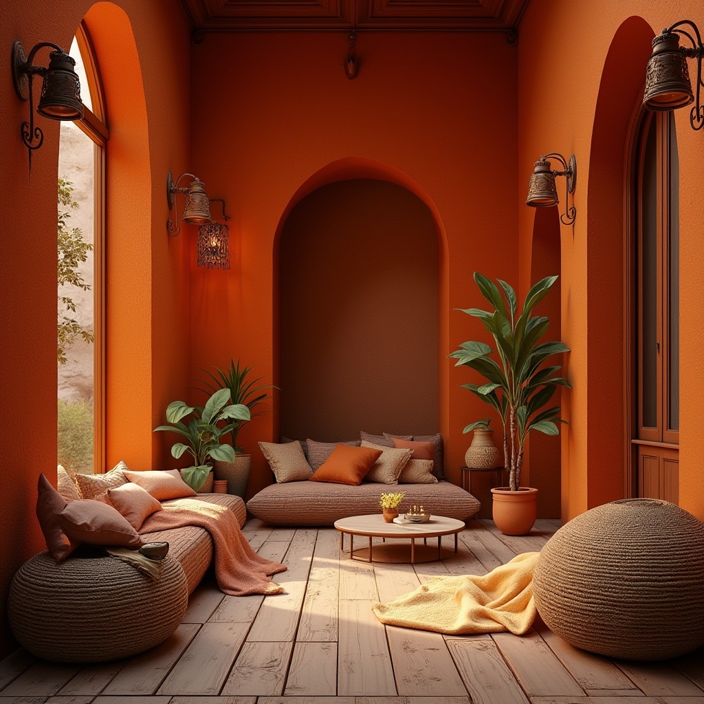 Prompt: Vibrant persimmon-colored buildings, warm autumnal hues, rich terracotta textures, earthy toned walls, ornate wooden accents, golden lighting fixtures, cozy interior spaces, plush furnishings, natural fabrics, woven baskets, rustic metal decorations, distressed wood floors, soft warm ambiance, shallow depth of field, 1/2 composition, realistic renderings, ambient occlusion.