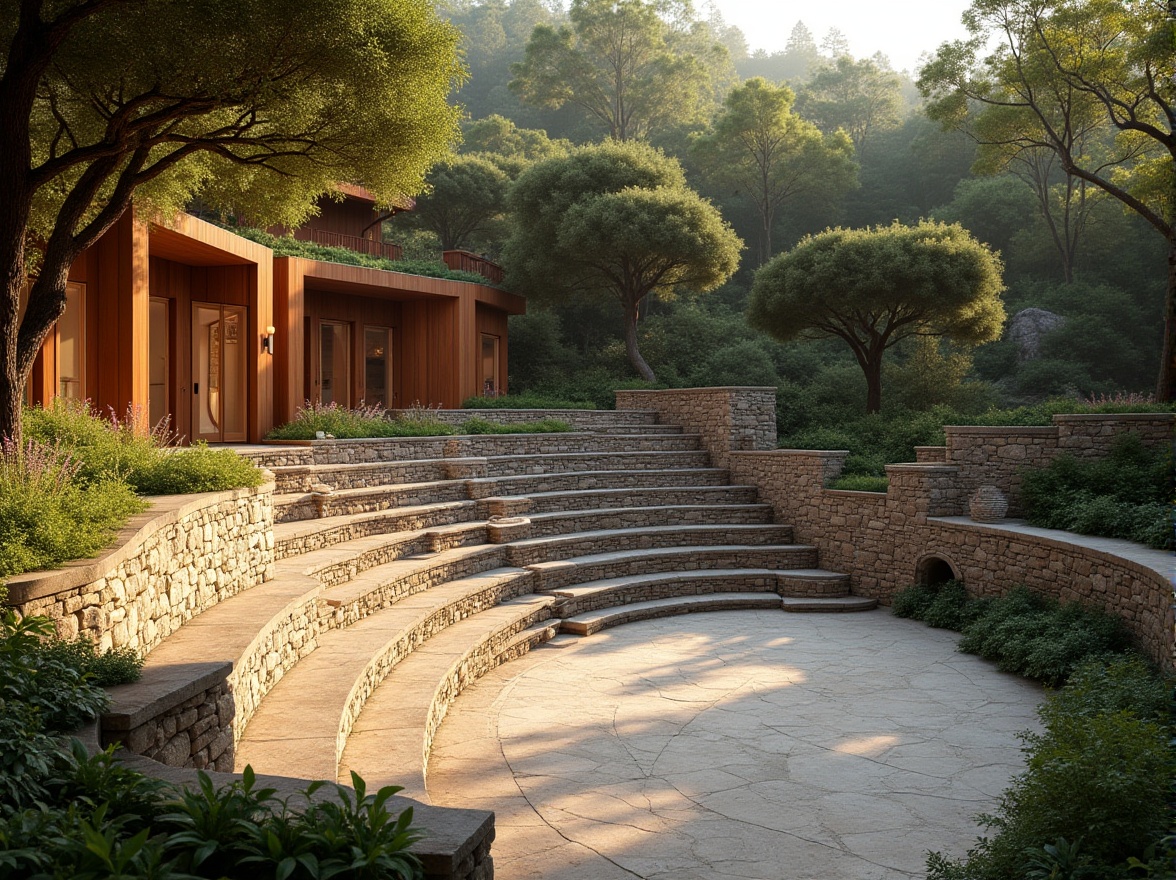 Prompt: Natural stone amphitheater, tiered seating, lush greenery surroundings, warm wooden accents, sound-reflecting surfaces, acoustic panels, resonant frequencies, echo reduction systems, speaker arrays, amplification equipment, microphone placement, optimal listening angles, 3/4 composition, shallow depth of field, soft warm lighting, realistic textures, ambient occlusion.