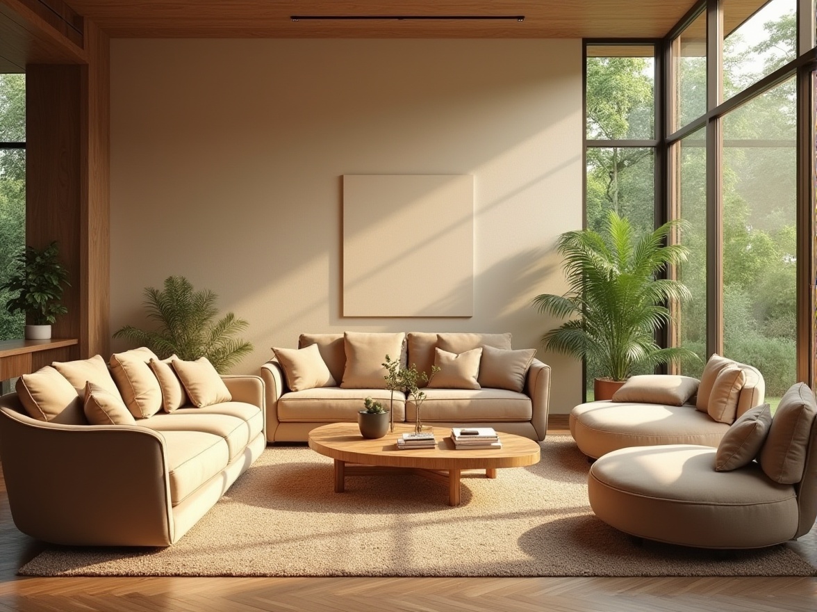 Prompt: Cozy living room, warm beige walls, plush velvet sofas, wooden coffee tables, vibrant greenery, floor-to-ceiling windows, soft diffused lighting, calming ambiance, comfortable seating areas, decorative rugs, minimalist decor, natural materials, earthy color palette, warm neutral tones, inviting atmosphere, relaxing mood, 1/2 composition, shallow depth of field, realistic textures.