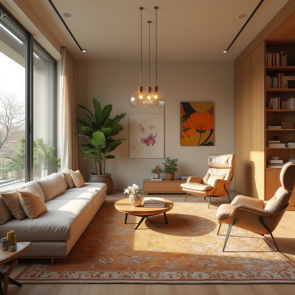 Prompt: Cozy living room, plush furniture, warm beige tones, natural wood accents, soft velvet textures, floor-to-ceiling windows, abundant natural light, modern minimalist decor, functional shelving units, sleek coffee tables, comfortable reading nooks, ergonomic chairs, vibrant colorful artwork, rich patterned rugs, spacious open layout, harmonious color palette, 1/1 composition, warm softbox lighting.