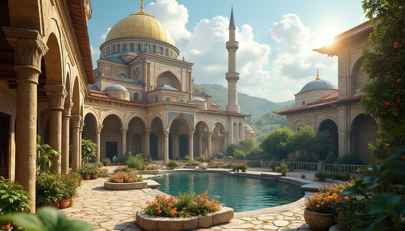 Prompt: Majestic Byzantine-style buildings, ornate stone carvings, golden domes, intricate mosaics, lush green courtyards, tranquil water features, rustic wooden accents, natural stone walkways, vibrant flowerbeds, Mediterranean landscape, warm sunny day, soft diffused lighting, shallow depth of field, 1/2 composition, atmospheric perspective, realistic textures, ambient occlusion.