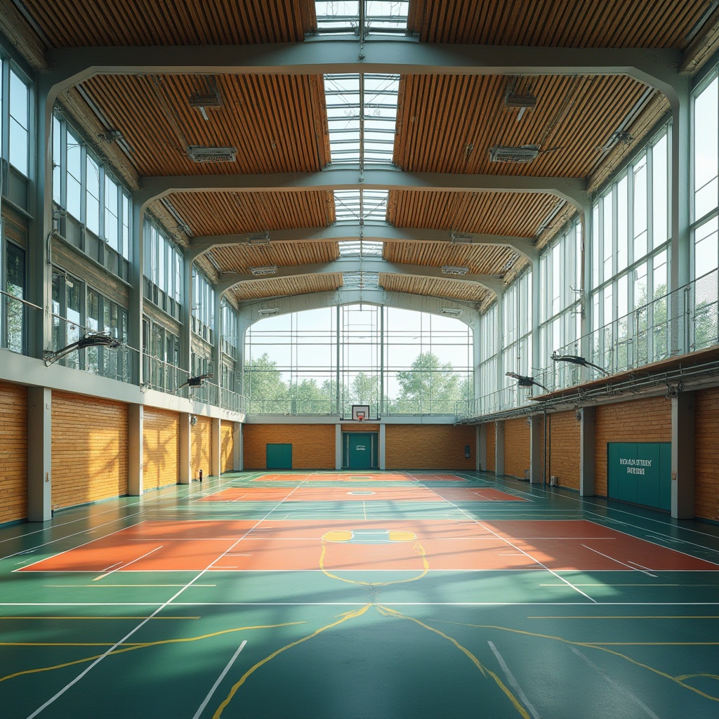 Prompt: Modern gymnasium building, eco-friendly materials, natural ventilation systems, abundant daylight, solar panels, green roofs, rainwater harvesting systems, recycled rubber flooring, reclaimed wood accents, minimalist design, angular lines, sleek metal beams, transparent glass walls, open spaces, athletic tracks, basketball courts, tennis tables, sports equipment, vibrant color schemes, motivational quotes, ambient lighting, soft shadows, 3/4 composition, realistic textures, shallow depth of field.