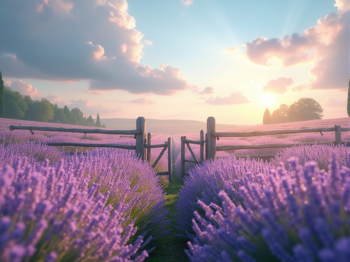 Prompt: Pastel lavender fields, delicate purple flowers, soft pink hues, gentle blue skies, wispy white clouds, warm golden light, rustic wooden fences, vintage metal gates, lush greenery, dreamy atmosphere, whimsical setting, romantic ambiance, soft focus, shallow depth of field, 1/2 composition, warm natural lighting.