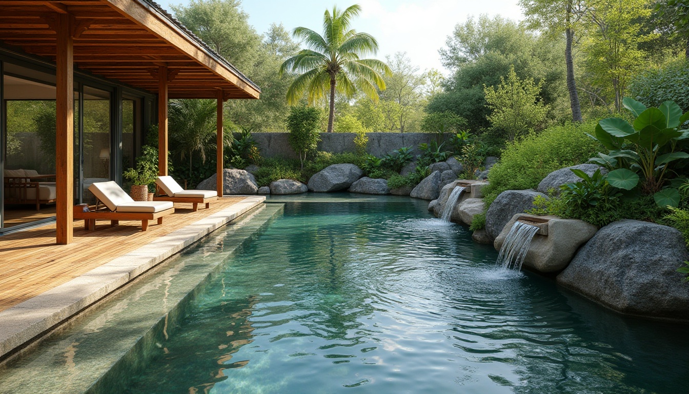 Prompt: Natural oasis, lush greenery, serene water features, eco-friendly pool systems, solar-powered pumps, saltwater pools, minimalist deck designs, reclaimed wood accents, native plant species, organic textures, gentle waterfall, natural stone coping, infinity edge design, panoramic views, warm sunny day, soft ambient lighting, shallow depth of field, 1/1 composition, realistic water effects.