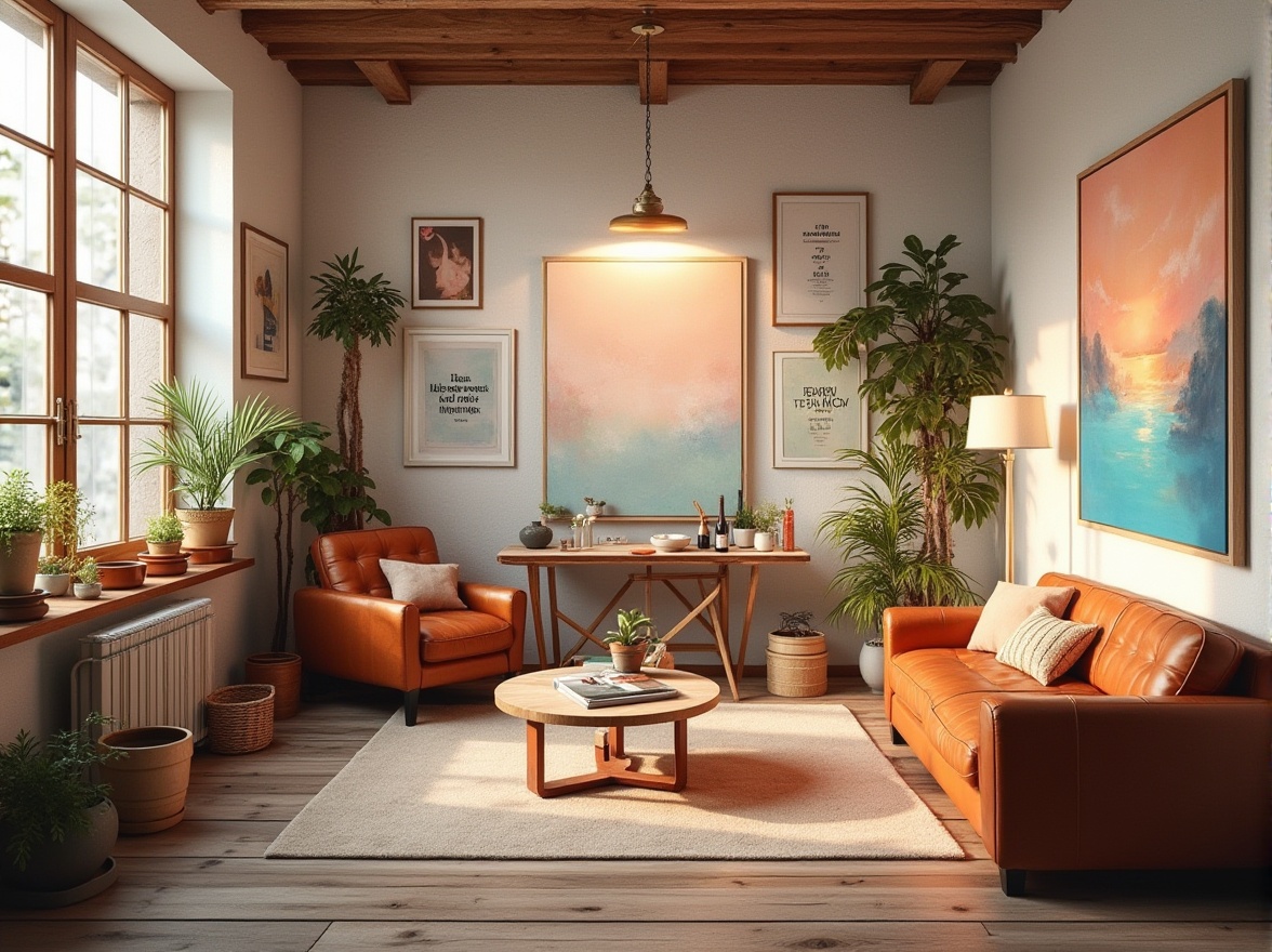 Prompt: Vibrant art studio, natural wood accents, creative inspirational quotes, eclectic decorative items, pastel color scheme, soft peach tones, calming blue hues, creamy white textures, rich brown leather furniture, abstract expressionist artwork, artistic freedom, stimulating atmosphere, warm golden lighting, shallow depth of field, 1/2 composition, realistic brushstrokes.