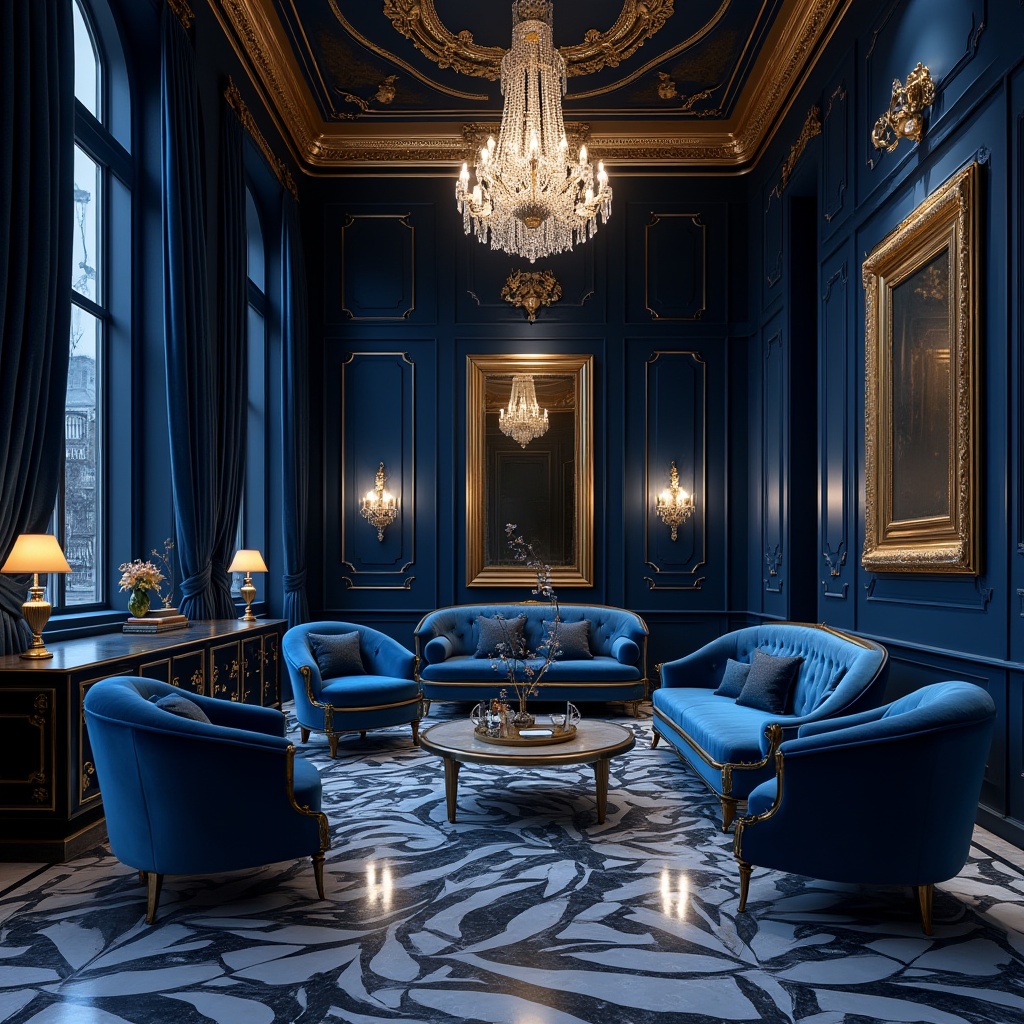 Prompt: Luxurious blue sapphire accents, sleek metallic frames, crystal chandeliers, lavish velvet furnishings, opulent marble floors, rich jewel-toned walls, grandiose high ceilings, ornate golden details, sophisticated urban loft, upscale metropolitan lifestyle, moody nighttime ambiance, dramatic spot lighting, 1/1 composition, realistic reflections, ambient Occlusion.