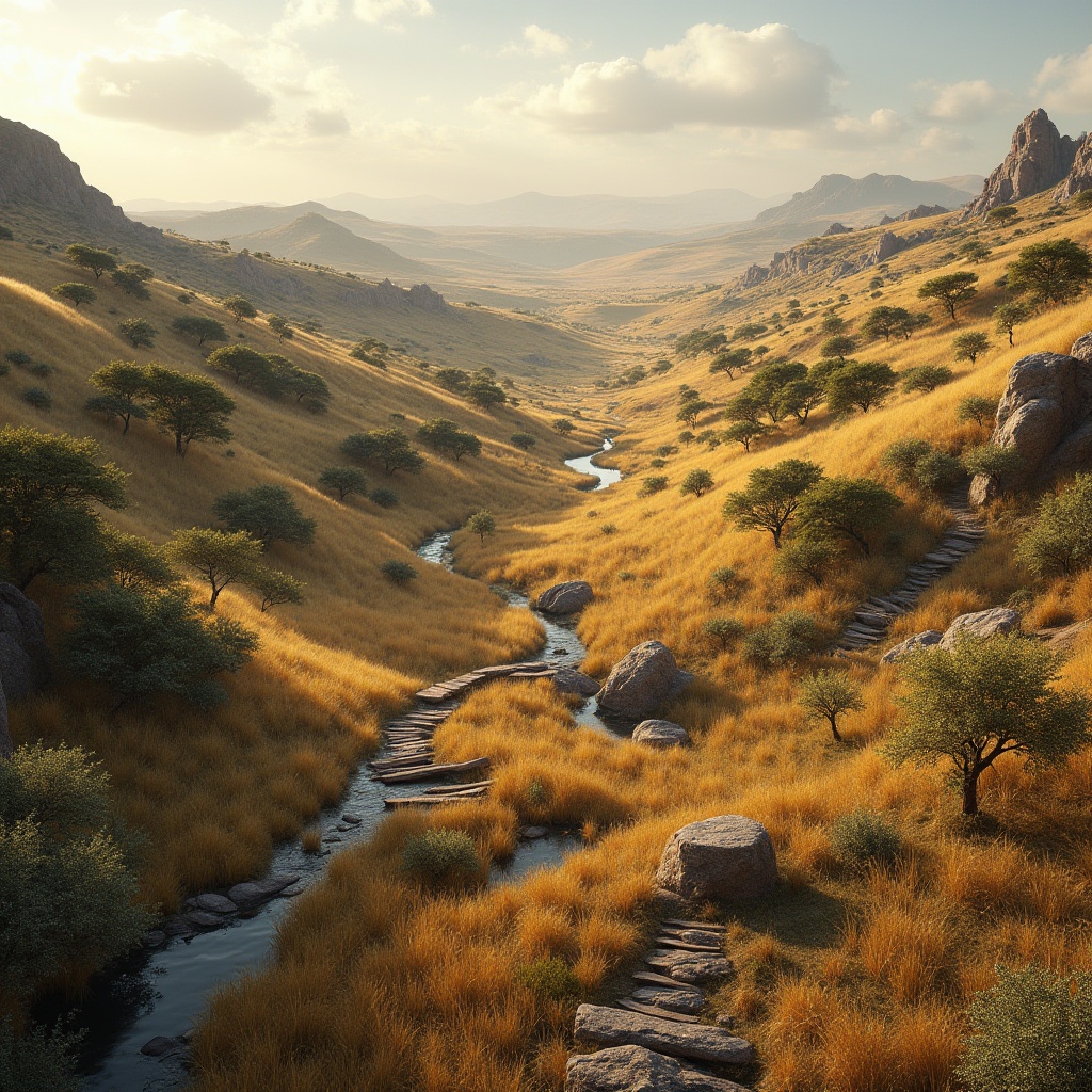 Prompt: Savanna-inspired landscape, rolling hills, scattered trees, golden grasslands, natural rock formations, meandering pathways, wooden bridges, serene lakeside, reflecting pools, indigenous plant species, earthy tones, warm sunlight, soft shadows, 1/1 composition, atmospheric perspective, realistic vegetation, subtle texture details.