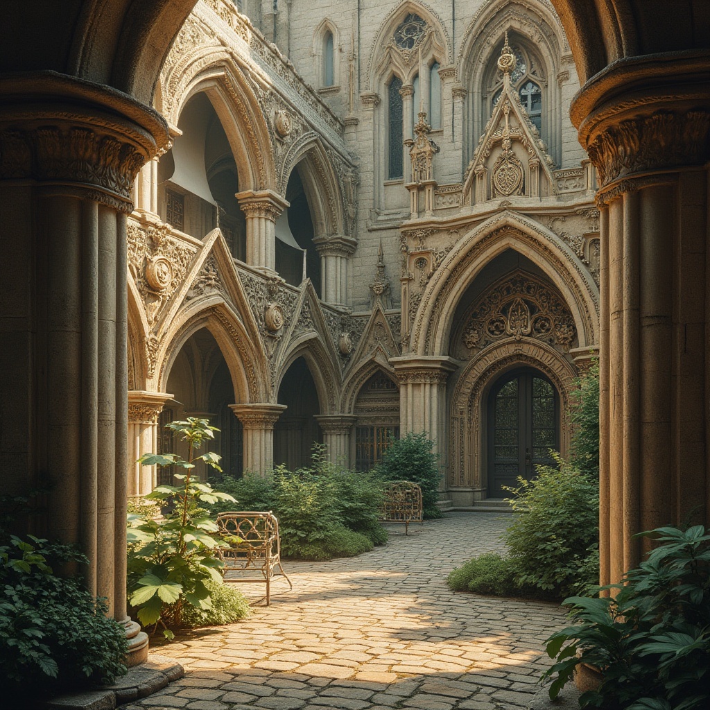 Prompt: Intricate stone carvings, ornate facades, grandiose monastery buildings, vaulted ceilings, ribbed arches, stained glass windows, delicate ironwork, golden accents, mystical symbols, lush greenery, peaceful courtyards, serene water features, soft warm lighting, shallow depth of field, 3/4 composition, panoramic view, realistic textures, ambient occlusion.