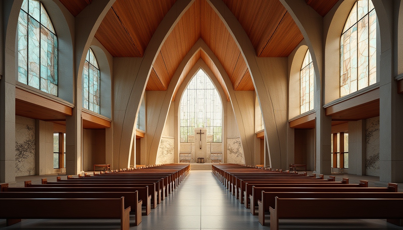 Prompt: Contemporary church, angular lines, minimalist fa\u00e7ade, large stained glass windows, natural stone exterior, wooden accents, vaulted ceilings, open floor plans, modern pews, ambient lighting, soft warm glow, shallow depth of field, 3/4 composition, panoramic view, realistic textures, ambient occlusion, sacred symbols, spiritual artwork, intricate carvings, ornate details, futuristic materials, sustainable energy solutions, solar panels, green roofs, eco-friendly materials, innovative cooling technologies.