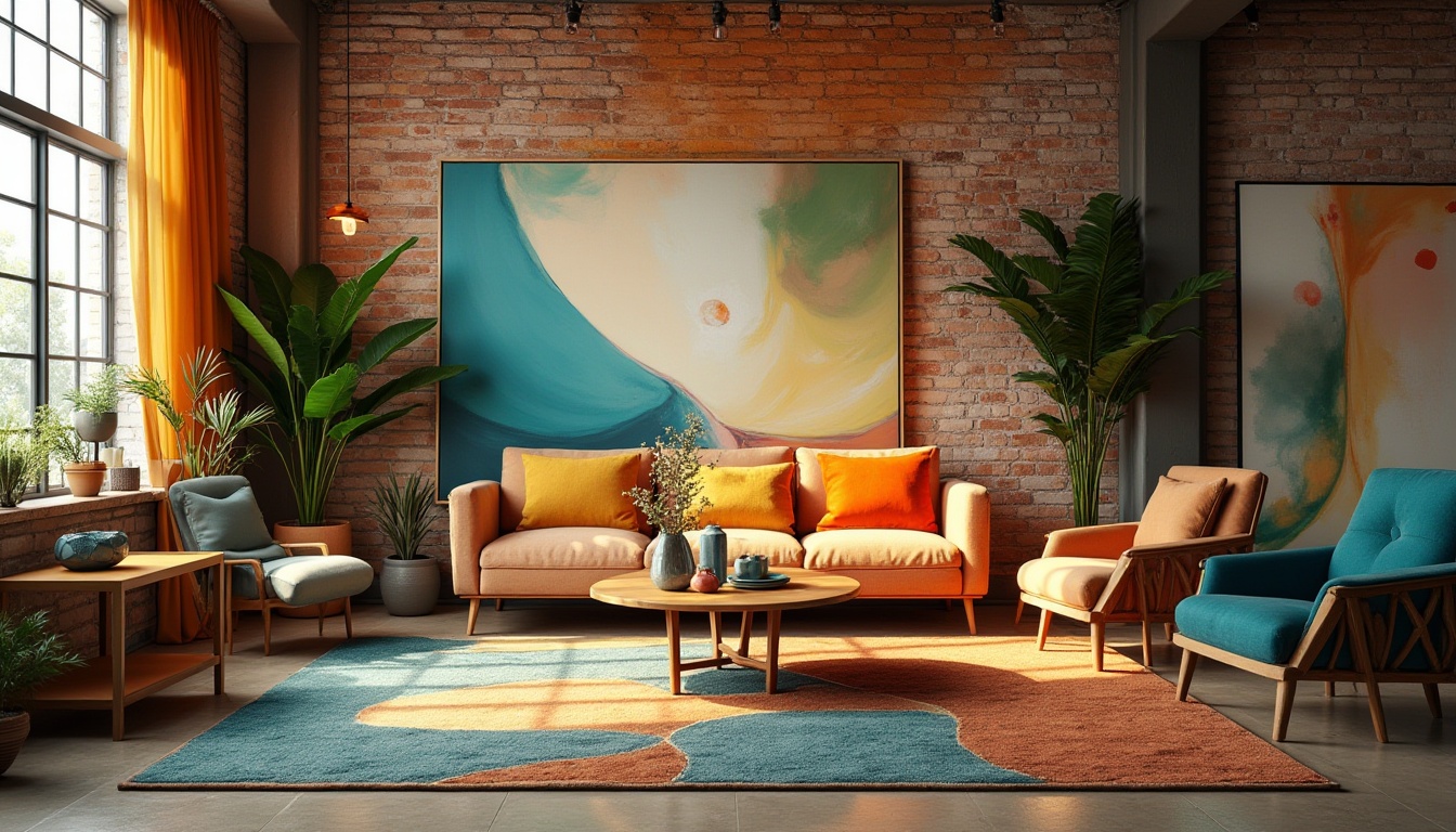 Prompt: Vibrant artistic studio, eclectic furniture arrangement, abstract geometric patterns, textured rug, modern industrial lighting, exposed brick walls, reclaimed wood accents, rich jewel-toned color palette, bold contrasting hues, warm golden undertones, soft pastel highlights, creamy whites, deep blues, emerald greens, rusty oranges, matte finishes, subtle gradients, ambient occlusion, realistic reflections, 1/1 composition, cinematic camera angle, dramatic spotlighting.