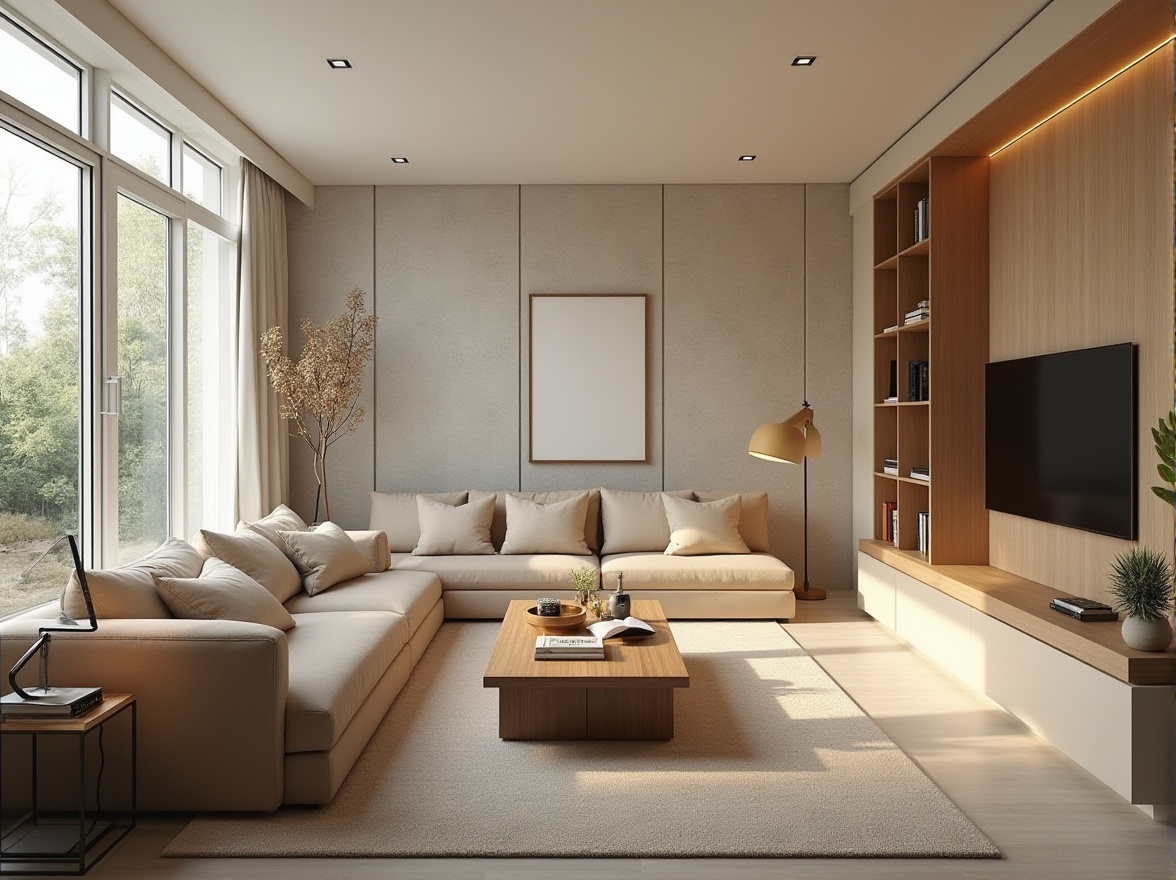 Prompt: Minimalist living room, comfortable sofas, wooden coffee tables, floor lamps, neutral color palette, functional storage units, modern TV stands, cozy reading nooks, large windows, natural light, soft warm ambiance, 1/1 composition, shallow depth of field, realistic textures, ambient occlusion, optimized furniture arrangement, efficient traffic flow, spacious atmosphere.