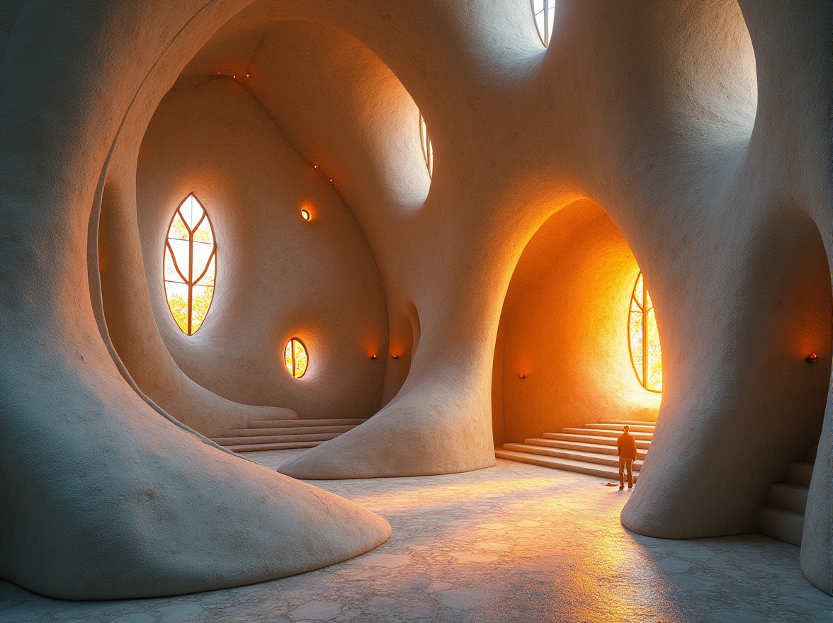 Prompt: Undulating blob-like church architecture, smooth curved lines, natural stone fa\u00e7ade, iridescent stained glass windows, vibrant earthy color palette, organic forms inspired by nature, flowing curves, whimsical shapes, fantastical atmosphere, mystical ambiance, soft warm lighting, shallow depth of field, 3/4 composition, panoramic view, realistic textures, ambient occlusion.