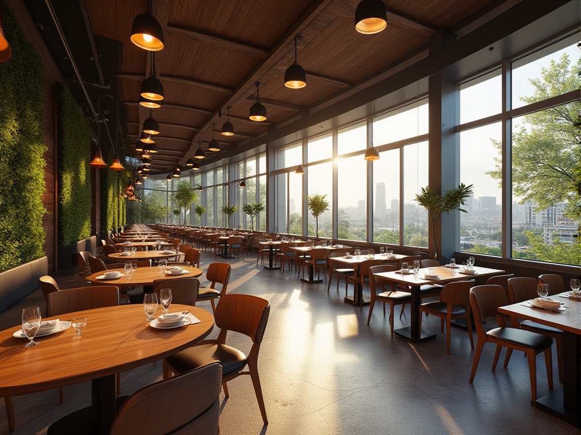 Prompt: Modern dining hall, open layout, circular tables, comfortable seating, pendant lighting, warm wood tones, minimalist decor, spacious atmosphere, natural stone flooring, large windows, panoramic views, soft diffused light, 1/2 composition, shallow depth of field, realistic textures, ambient occlusion, vibrant greenery, living walls, urban landscape views, bustling city atmosphere.