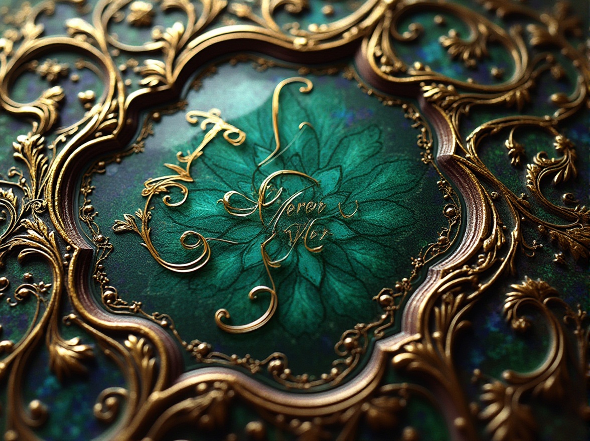 Prompt: Intricate Art Nouveau patterns, ornate metalwork, flowing organic lines, sinuous curves, luxurious materials, rich jewel-toned colors, emerald green, sapphire blue, amethyst purple, golden yellow, copper accents, ornate typography, floral motifs, peacock feathers, iridescent sheen, soft warm lighting, shallow depth of field, 1/2 composition, realistic textures, ambient occlusion.