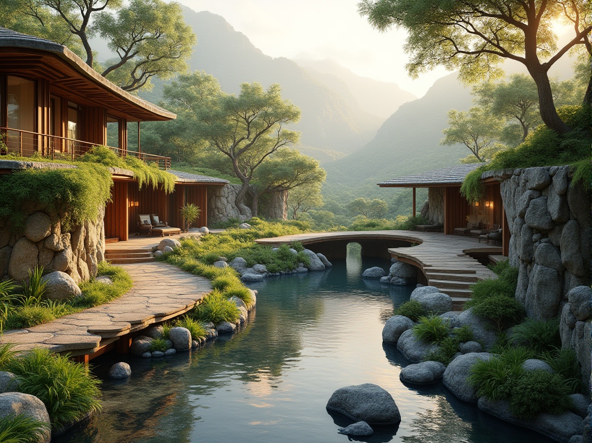 Prompt: Seamless landscape integration, organic architecture, curved lines, natural materials, wooden accents, stone walls, green roofs, lush vegetation, native plants, meandering pathways, serene water features, koi ponds, gentle streams, rustic bridges, weathered wood benches, scenic overlooks, panoramic views, warm golden lighting, soft misty atmosphere, 1/1 composition, symmetrical framing, realistic textures, ambient occlusion.