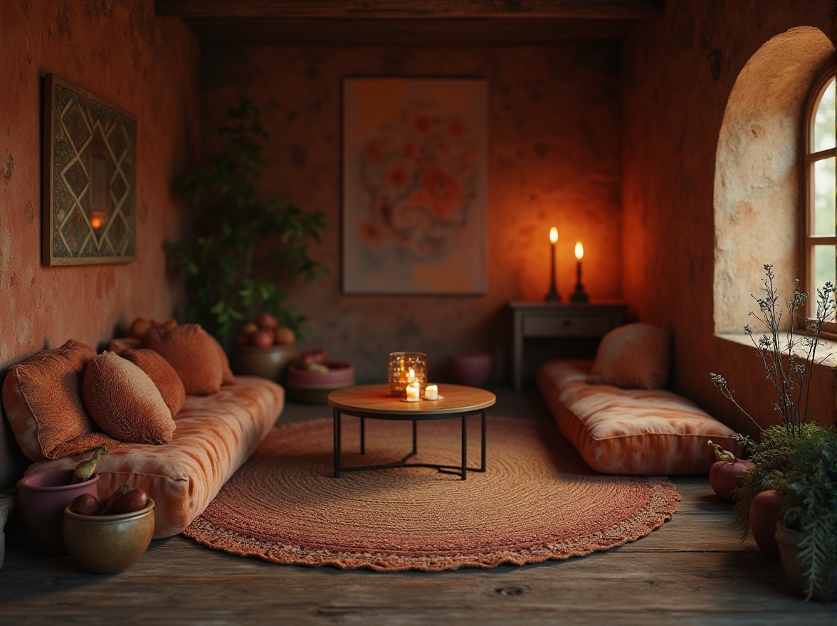 Prompt: Rich plum hues, earthy brown tones, warm beige accents, rustic terracotta, soft sienna, mossy greenery, weathered wood textures, vintage distressed finishes, natural stone formations, cozy candlelit ambiance, warm golden lighting, shallow depth of field, 1/2 composition, realistic renderings, ambient occlusion.