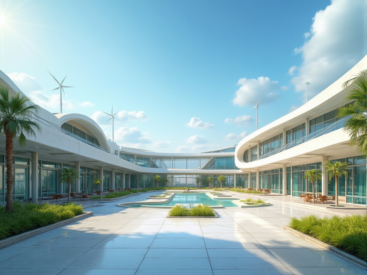 Prompt: Futuristic school complex, curved metal fa\u00e7ades, solar panels, wind turbines, green roofs, eco-friendly materials, natural ventilation systems, minimalist interior design, sleek lines, modular classrooms, interactive whiteboards, collaborative learning spaces, vibrant colorful accents, geometric patterns, Arabic-inspired motifs, shaded outdoor courtyards, misting systems, clear blue sky, hot sunny day, vast open space, 3/4 composition, panoramic view, realistic textures, ambient occlusion.