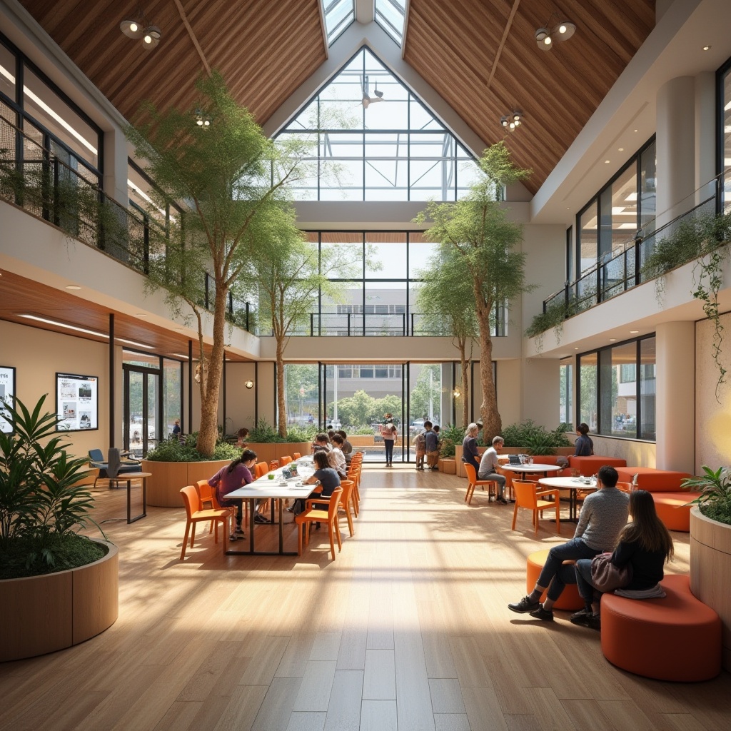 Prompt: Vibrant community center, open-plan layout, natural light-filled atrium, wooden floors, exposed ceilings, collaborative workspaces, flexible seating areas, interactive exhibit walls, digital display screens, communal kitchen facilities, cozy reading nooks, soft warm lighting, shallow depth of field, 1/1 composition, realistic textures, ambient occlusion.