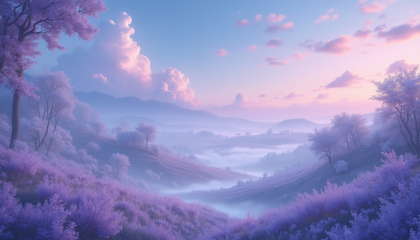 Prompt: Dreamy lavender blue hues, soft pastel shades, whimsical cloud formations, airy atmospheric perspectives, delicate florals, misty morning light, romantic countryside landscapes, vintage distressed textures, ornate antique furniture, lavish velvet fabrics, mysterious twilight ambiance, starry night skies, celestial bodies, subtle gradient transitions, ethereal glow effects, 1/2 composition, cinematic color grading, richly detailed brushstrokes.