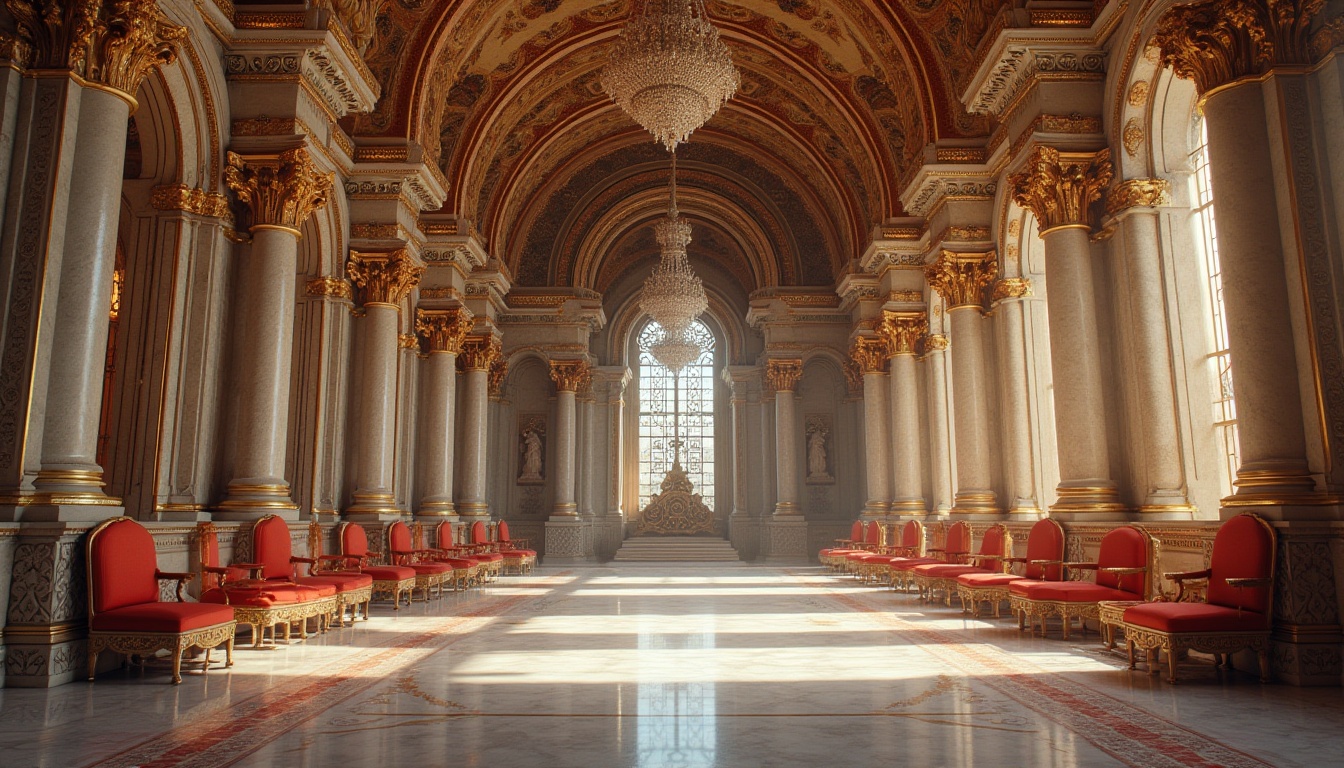 Prompt: Intricate stone carvings, ornate capitals, grand domes, majestic arches, vibrant mosaics, gilded ornaments, luxurious fabrics, regal thrones, ornamental patterns, richly textured walls, polished marble floors, grandiose chandeliers, soft warm lighting, shallow depth of field, 3/4 composition, panoramic view, realistic textures, ambient occlusion.