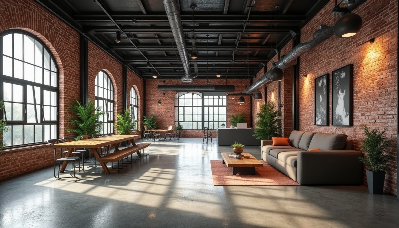 Prompt: Industrial-chic interior, exposed brick walls, metal beams, wooden accents, polished concrete floors, modern minimalist decor, urban loft atmosphere, natural light pouring in, shallow depth of field, 3/4 composition, realistic textures, ambient occlusion.