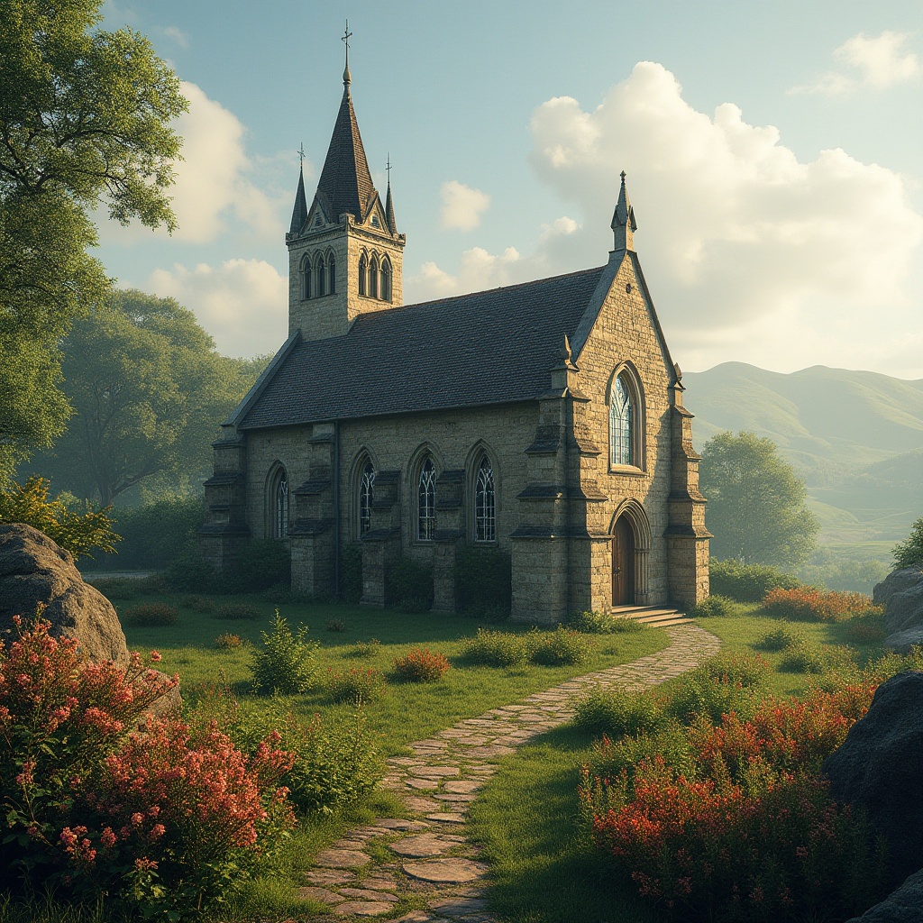 Prompt: Historic church building, rustic stone walls, stained glass windows, ornate steeples, lush green surroundings, vibrant blooming flowers, serene natural atmosphere, rolling hills, misty mornings, soft warm lighting, 3/4 composition, panoramic view, realistic textures, ambient occlusion.