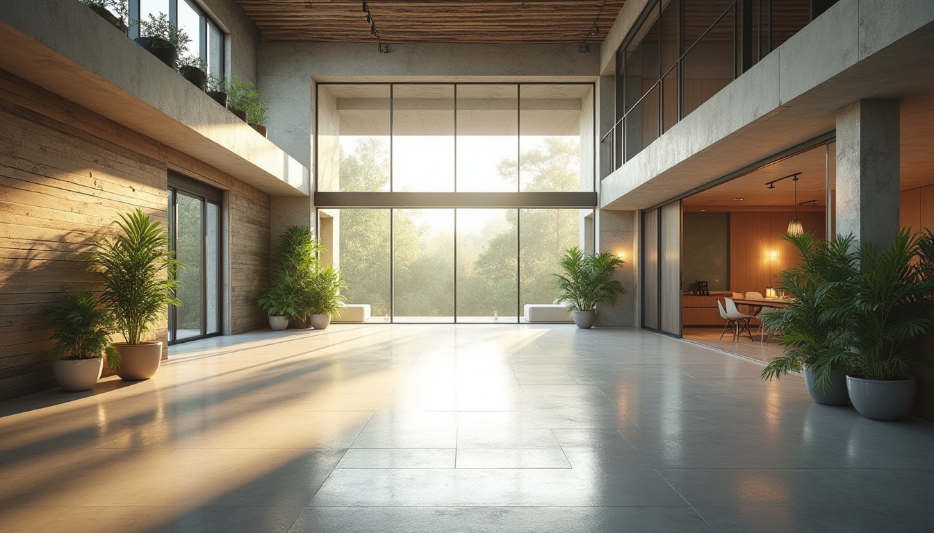 Prompt: Spacious open-plan interior, high ceilings, large windows, sliding glass doors, minimal obstructions, reflective surfaces, bright color scheme, airy atmosphere, natural textures, reclaimed wood accents, green walls, living plants, indirect sunlight, soft warm glow, ambient shadows, 1/1 composition, realistic rendering, subtle depth of field, cinematic mood.