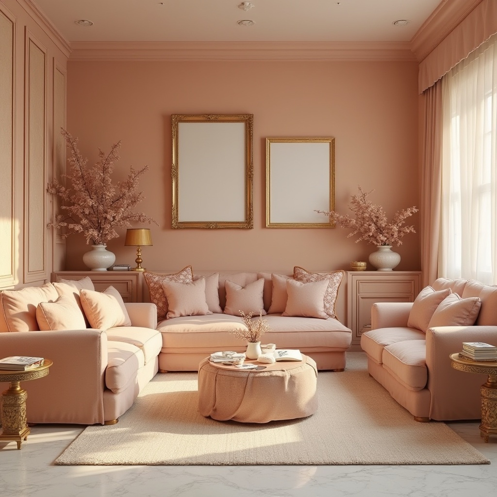 Prompt: Warm peach tones, soft pastel hues, gentle blush colors, elegant interior design, cozy living room, plush velvet sofas, rustic wooden accents, vintage decorative items, ornate gold frames, delicate lace patterns, subtle floral motifs, creamy marble countertops, warm beige carpets, inviting ambiance, soft diffused lighting, 1/2 composition, realistic textures, atmospheric rendering.