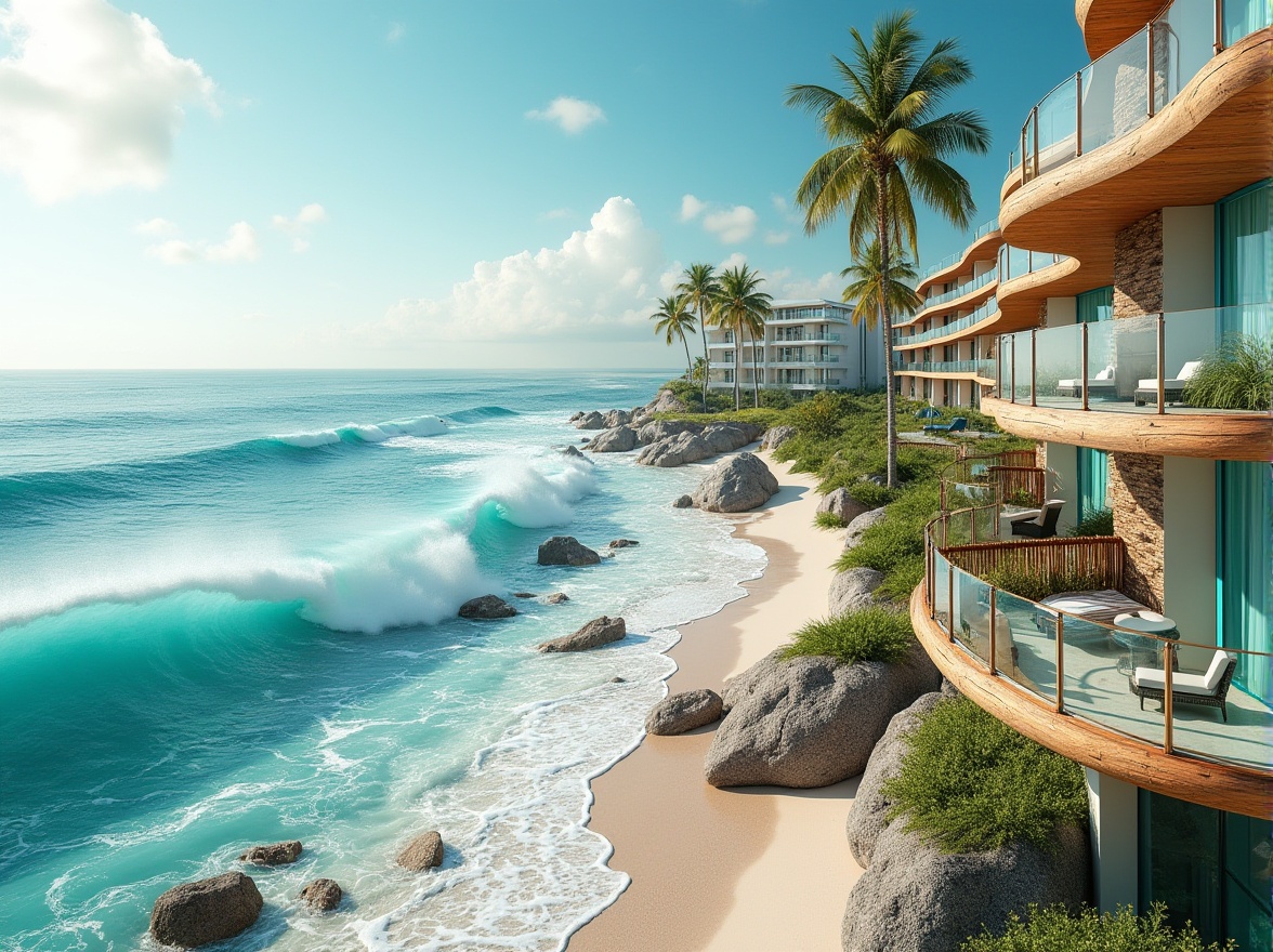 Prompt: Wave-crashing coastline, salty ocean air, coral-inspired facades, undulating balconies, rippling glass surfaces, turquoise accents, beachy wood textures, driftwood-inspired railings, nautical-themed ornaments, seaside promenade, tropical plants, palm trees, sunny day, soft warm lighting, shallow depth of field, 3/4 composition, panoramic view, realistic ocean sounds, ambient occlusion.