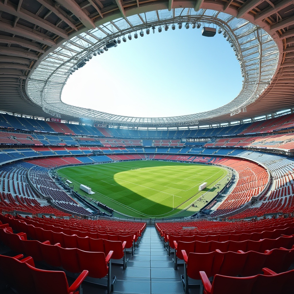 Prompt: Sleek modern stadium, tiered seating arrangement, vibrant color-coded sections, ergonomic seats, ample legroom, cantilevered upper decks, reinforced steel structures, translucent roofing, natural ventilation systems, LED scoreboards, dynamic lighting effects, panoramic views, 1/2 composition, shallow depth of field, realistic textures, ambient occlusion.