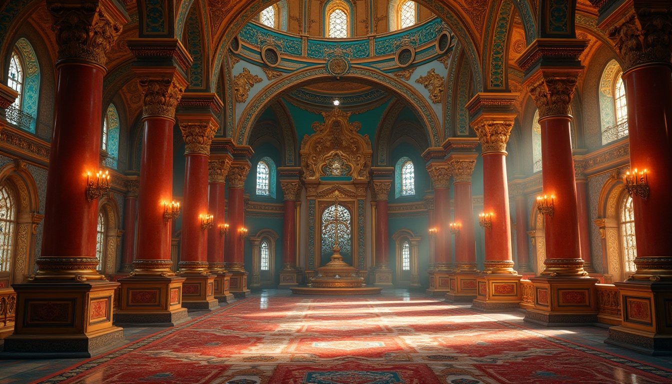 Prompt: Byzantine-inspired architecture, ornate golden domes, intricate mosaics, vibrant turquoise accents, rich red marble columns, ornamental arches, lavish decorations, luxurious textiles, gilded details, warm candlelight, mystical ambiance, high contrast lighting, dramatic shadows, 3/4 composition, symmetrical layout, opulent furnishings, regal atmosphere, ancient mystique.