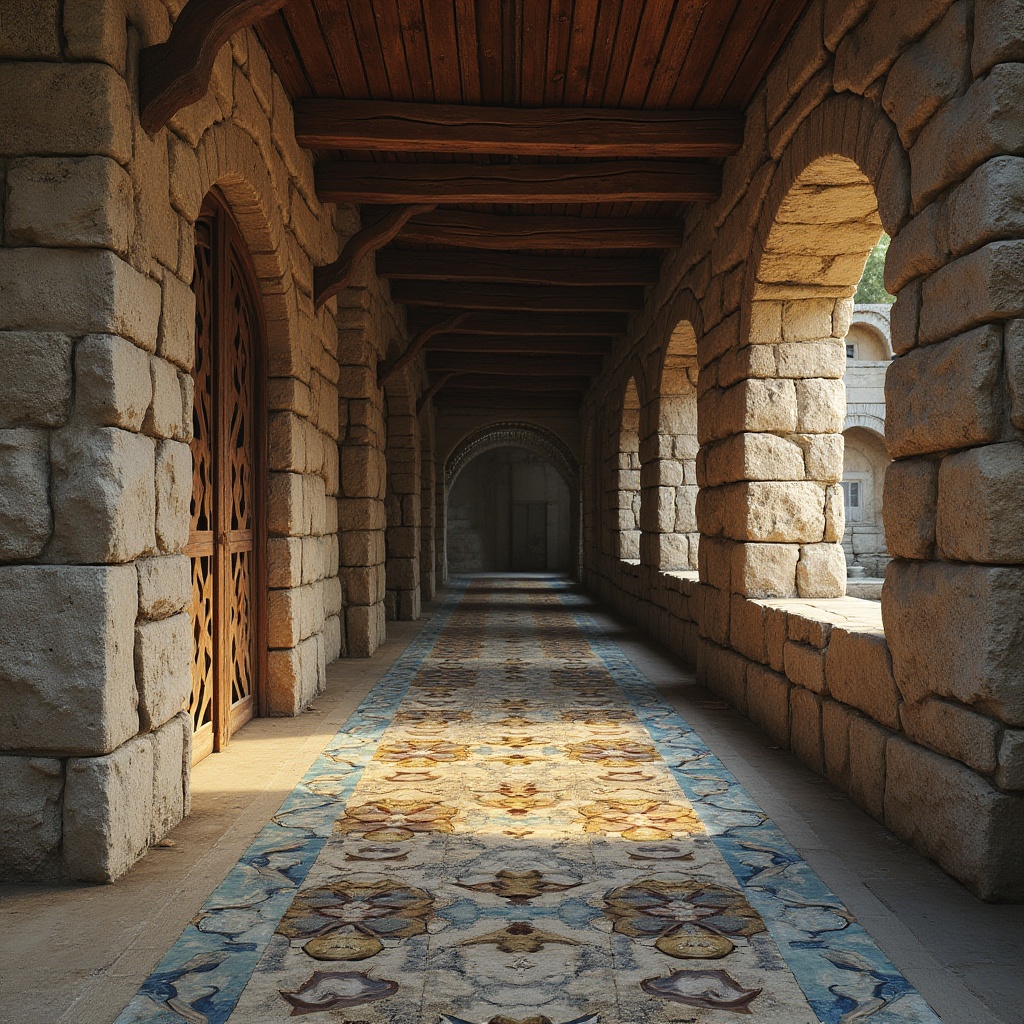 Prompt: Rough stone walls, weathered wooden planks, rusty metal grates, smooth concrete floors, vibrant ceramic tiles, intricate mosaics, ornate carvings, distressed finishes, natural rock formations, earthy tones, warm ambient lighting, shallow depth of field, 1/1 composition, realistic textures, detailed normal maps.