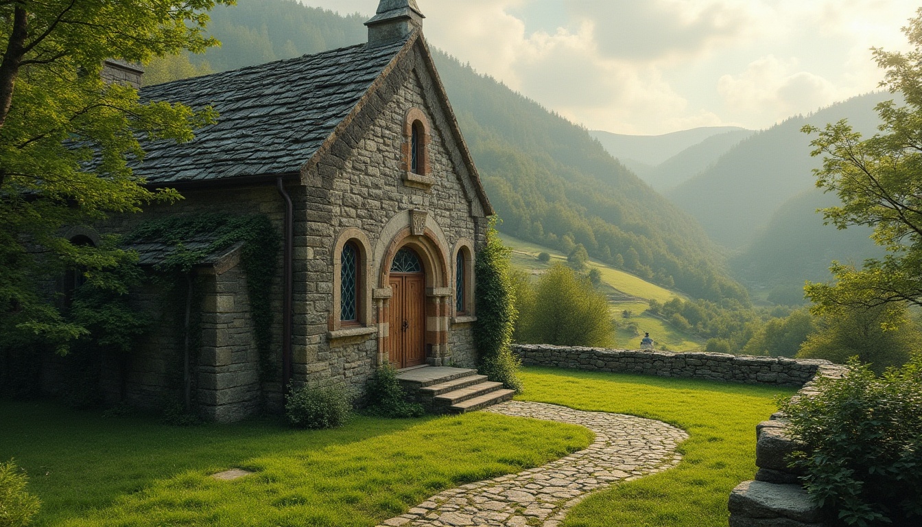 Prompt: Rustic stone church, verdant surroundings, lush greenery, meandering pathways, aged wooden doors, stained glass windows, historic architecture, natural blending, harmonious integration, rolling hills, serene landscape, soft warm lighting, misty morning atmosphere, 1/2 composition, realistic textures, ambient occlusion.