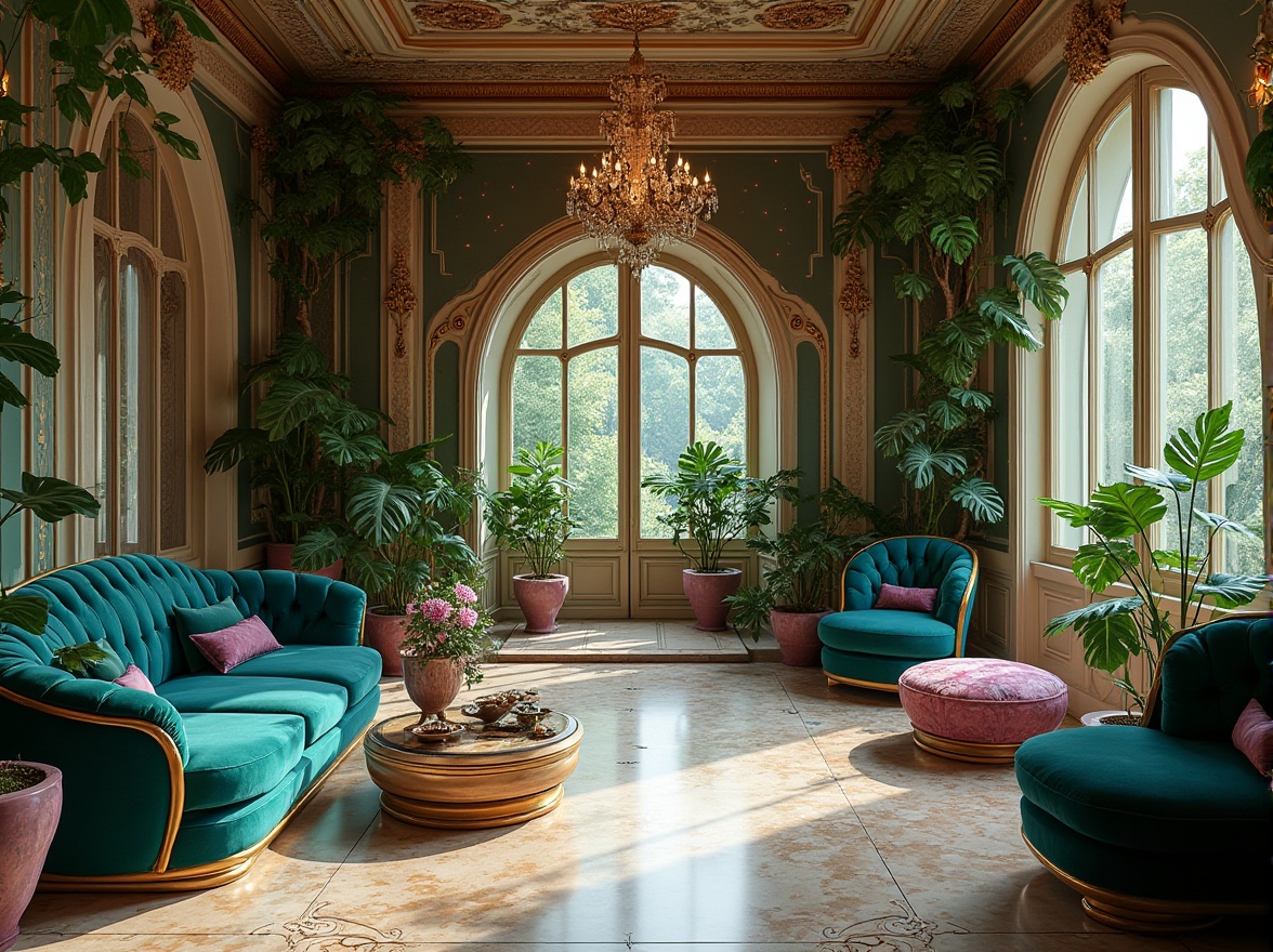 Prompt: Opulent Art Nouveau interior, lush organic curves, sinuous lines, flowing tendrils, botanical accents, jewel-toned colors, emerald green, sapphire blue, amethyst purple, gold leaf details, ornate metalwork, velvety textiles, rich wood tones, creamy marble, soft warm lighting, dramatic shadows, 2/3 composition, symmetrical balance, intricate patterns, organic forms, luxurious fabrics.