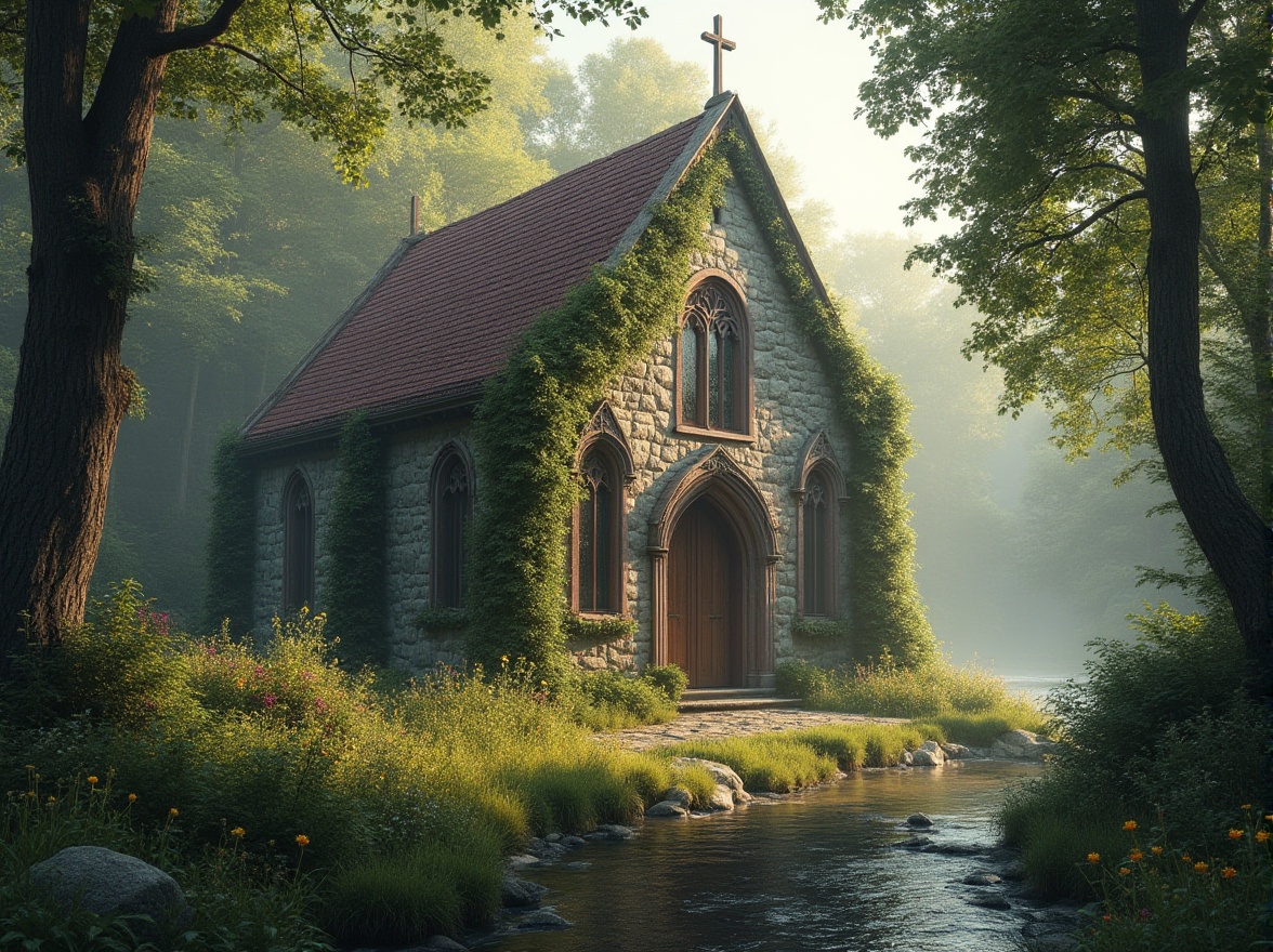 Prompt: Historic church, rustic stone facade, stained glass windows, ivy-covered walls, natural surroundings, serene forest, towering trees, winding streams, lush greenery, vibrant wildflowers, misty morning, warm sunlight, soft shadows, harmonious blending, organic architecture, earthy tones, natural materials, wooden accents, subtle lighting, peaceful ambiance, 3/4 composition, atmospheric perspective, realistic textures, ambient occlusion.