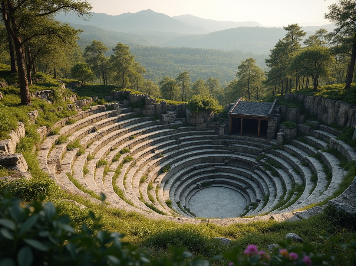 Prompt: Natural amphitheater, tiered seating, lush green surroundings, acoustic shell, sound-reflecting surfaces, reinforced concrete structures, hidden speaker systems, subtle lighting design, warm summer evenings, soft gentle breezes, panoramic views, 3/4 composition, realistic textures, ambient occlusion, shallow depth of field.