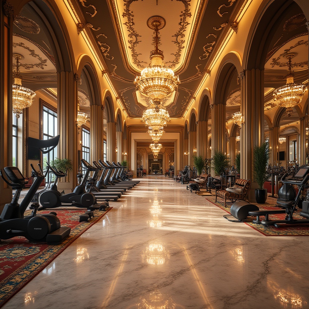 Prompt: Luxurious fitness club, ornate metalwork, grand chandeliers, polished marble floors, lavish furnishings, vibrant color schemes, intricate patterned rugs, ornamental mirrors, stylish LED lighting, modern architectural elements, sleek exercise equipment, free weights, treadmills, stationary bikes, spacious workout areas, private yoga studios, tranquil meditation rooms, refreshing spa facilities, sauna and steam rooms, luxurious locker rooms, high-end amenities, elegant interior design, opulent atmosphere, soft warm glow, shallow depth of field, 3/4 composition, realistic textures, ambient occlusion.