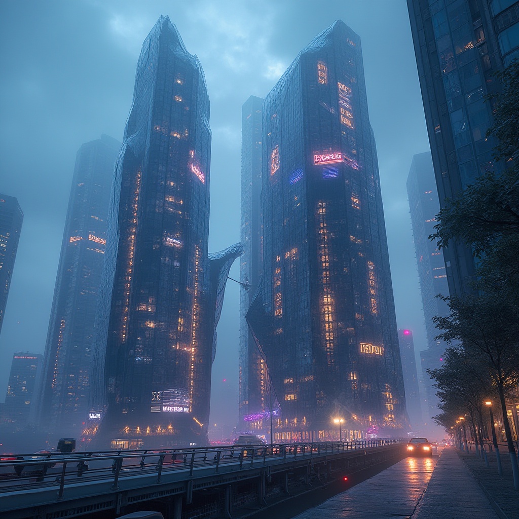 Prompt: Futuristic skyscraper facade, iridescent glass cladding, angular metallic frames, LED light installations, cantilevered balconies, modern fusion architecture, sleek curves, minimalist lines, neon-lit cityscape, vibrant nightlife atmosphere, misty foggy morning, dramatic cloud formations, cinematic 3/4 composition, shallow depth of field, realistic reflective surfaces, ambient occlusion, intricate structural details, urban jungle concept.