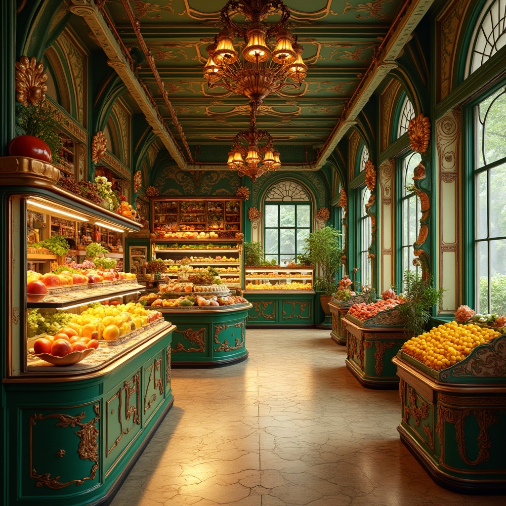 Prompt: \Vibrant grocery store, Art Nouveau style, warm golden lighting, ornate ironwork details, flowing organic lines, curved wooden shelves, rich jewel-toned colors, emerald green walls, sapphire blue accents, amber glass displays, polished brass fixtures, intricate botanical patterns, natural stone floors, decorative ceramic tiles, whimsical illustrations of fruits and vegetables, soft focus, shallow depth of field, 2/3 composition, warm color grading, high contrast ratio.\