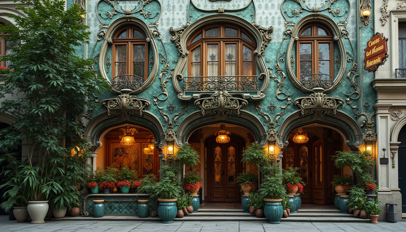 Prompt: Intricate Art Nouveau facade, ornate ironwork, curved lines, flowing organic forms, sinuous shapes, vibrant green and blue tiles, stained glass windows, decorative finials, grand entrance archways, ornamental lanterns, lush greenery, flower-patterned ceramics, natural stone walls, rust-colored metal accents, warm golden lighting, shallow depth of field, 1/1 composition, symmetrical layout, elegant typography, vintage-inspired signage.