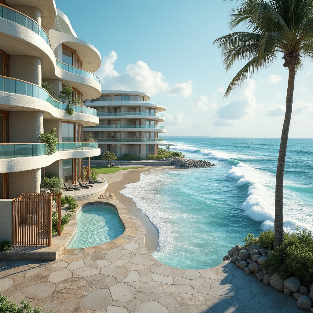 Prompt: Wave-crashing coastline, salty ocean air, beachy vibe, modern coastal buildings, innovative fa\u00e7ade design, undulating balconies, curved lines, ocean-inspired patterns, sea-blue glass railings, weathered wood accents, coral-shaped columns, nautical-themed decorations, seaside promenade, sunny day, soft warm lighting, 3/4 composition, panoramic view, realistic textures, ambient occlusion.